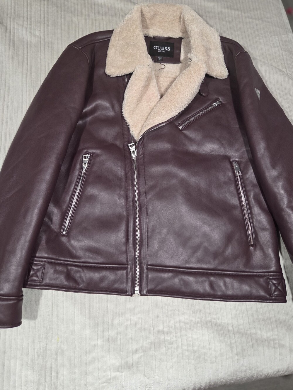 Guess men's Burgundy Shearling-Lined Biker Jacket